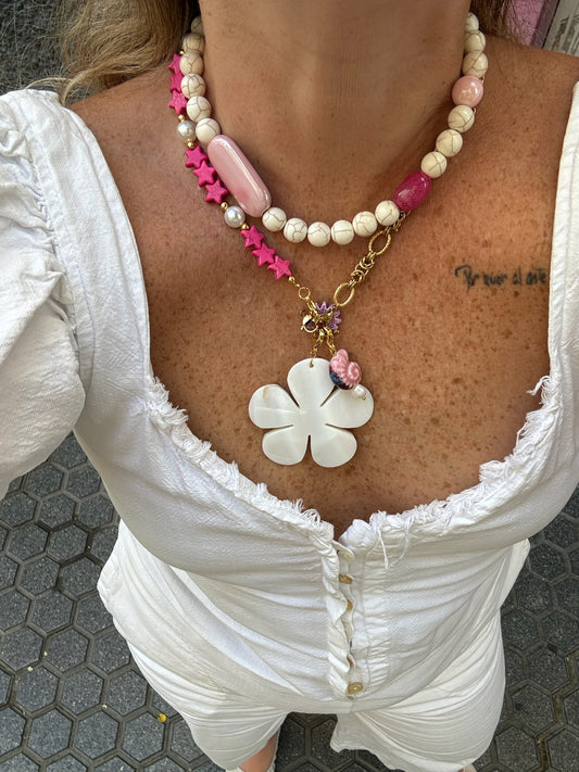 Mitad Cadena Rosa Estrellas Con Perlas