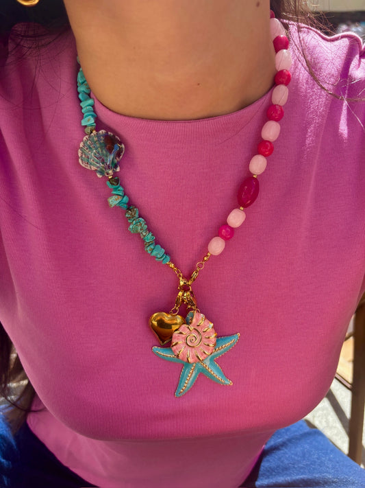 Mitad Cadena Fina Apliques Concha Y Turquesas