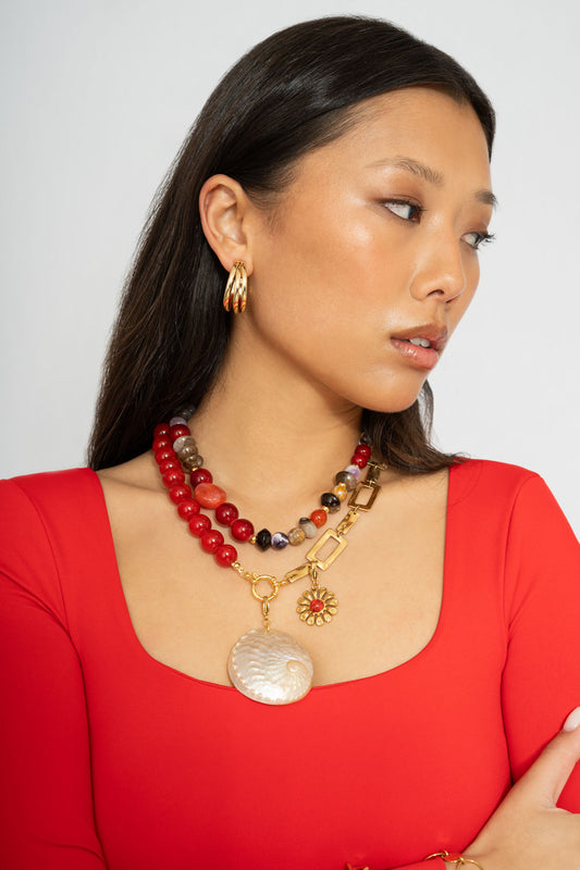 Collar Rojo En Ágatas Naturles Llamas De Fenix