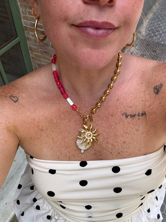 Mitad Cadena Rosa Corales Y Perlas