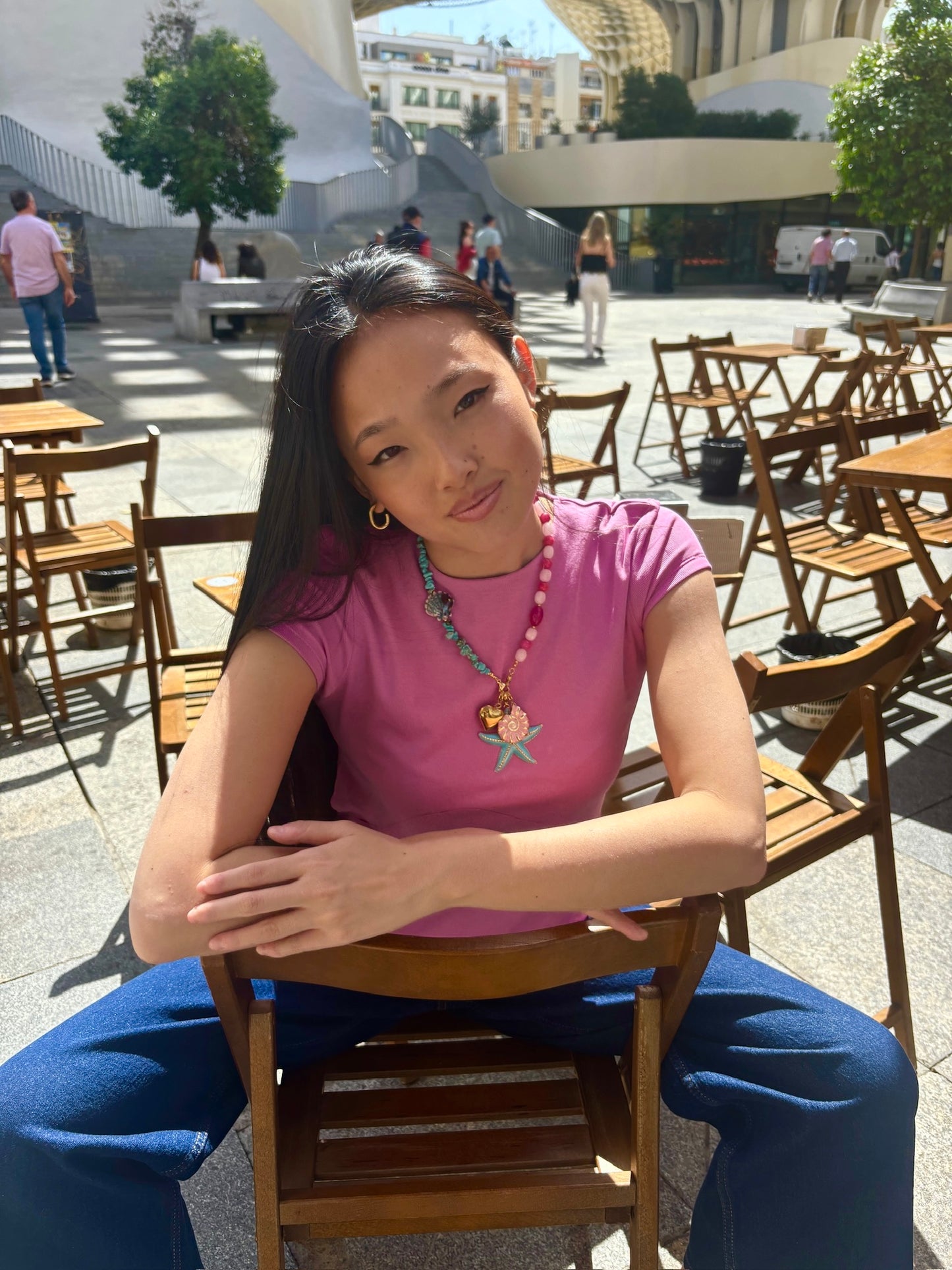 Mitad Cadena Fina Apliques Concha Y Turquesas