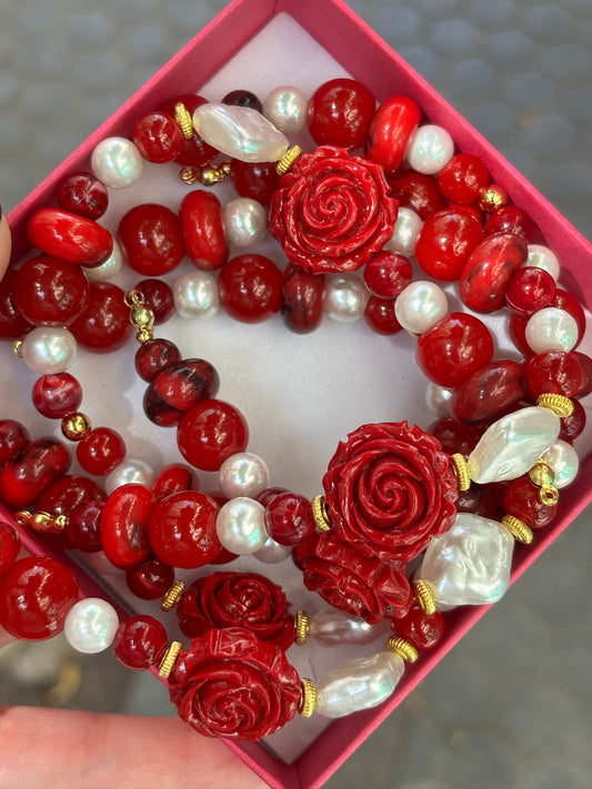 Mitad Cadena Romántica Roja Con Perlas