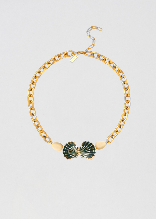 Collar Aplique Conchas Verde Y Hueso