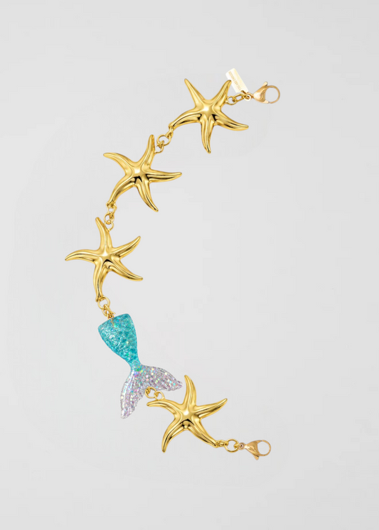 Mitad Cadena Estrellas De Mar Doradas Y Sirena Turquesa