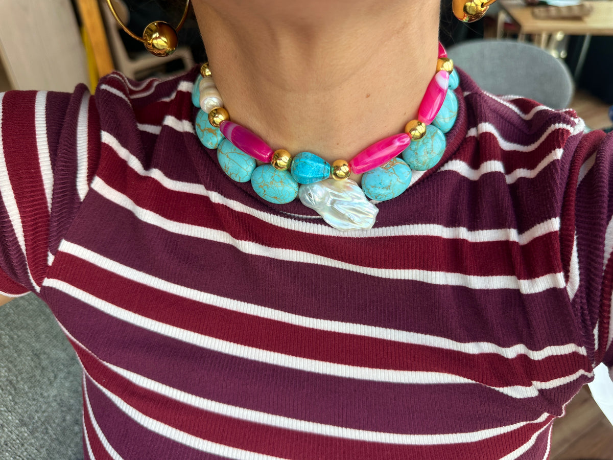 Collar Las Turquesas Celestes Más Bonitas En Forma Y Color Con La Perla Barroca Mas Especial