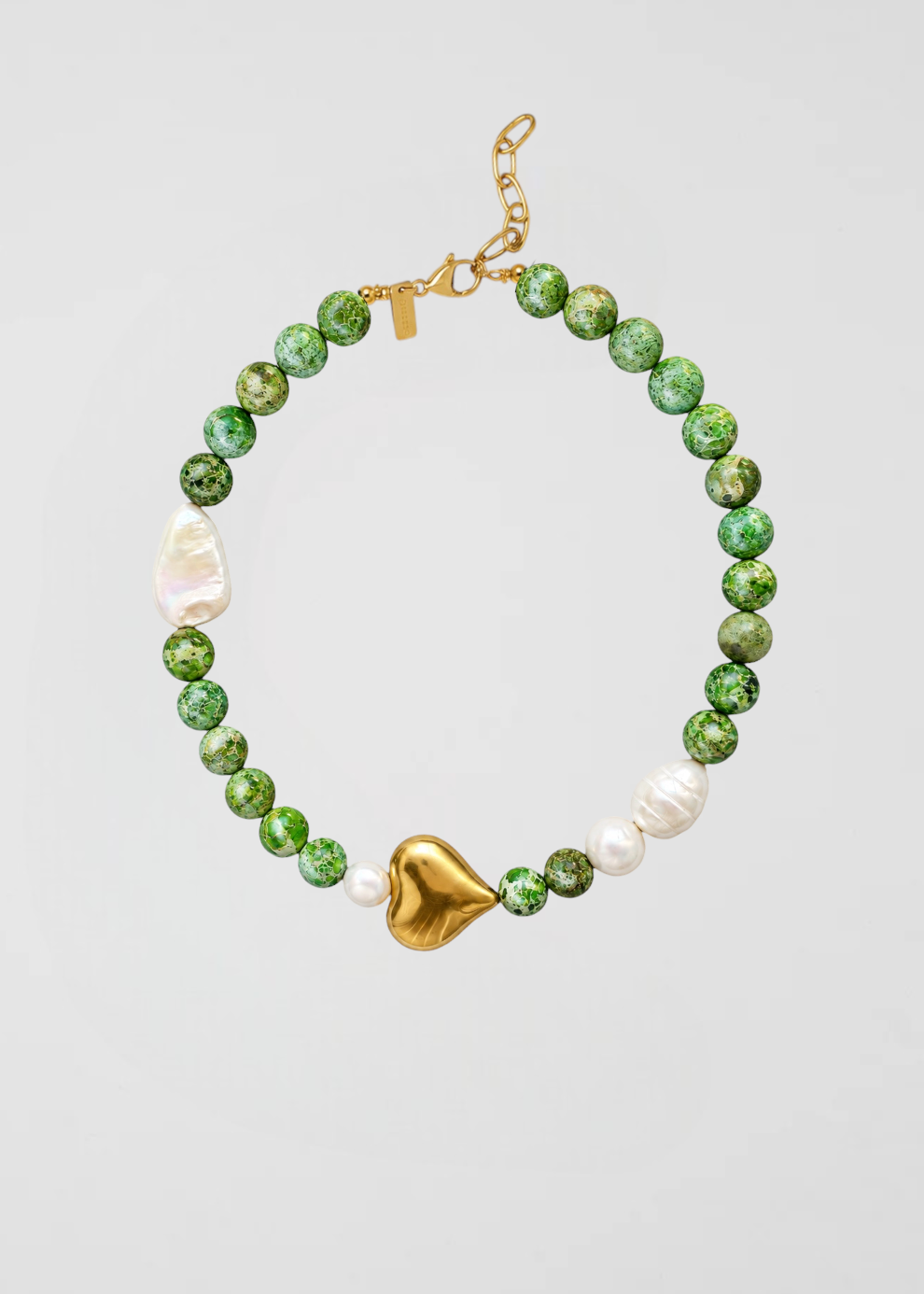 Collar Piedras Ideales Verdes Con Perlas Barrocas Y Corazón By La Boss
