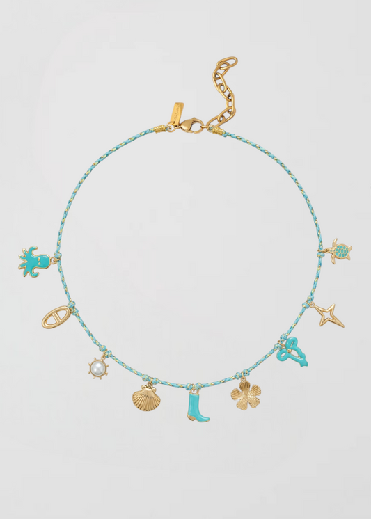 Collar Cordón Fino Turquesa Con Amuletos