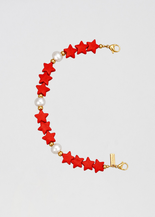 Mitad Cadena Rojo Coral Estrellas Con Perlas