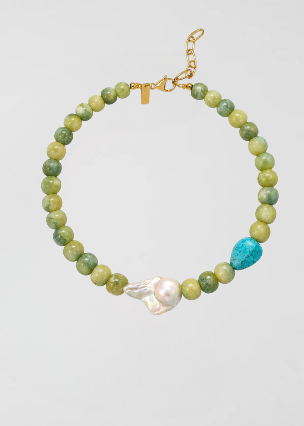 Collar Jades Verdes Y Turquesa Con La Perla Barroca Mas Especial