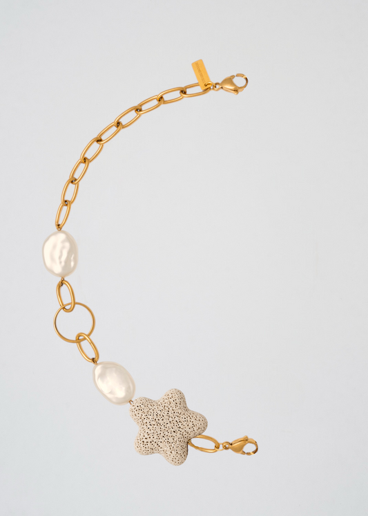 Mitad Cadena Fina Apliques Perlas Y Estrella Beige
