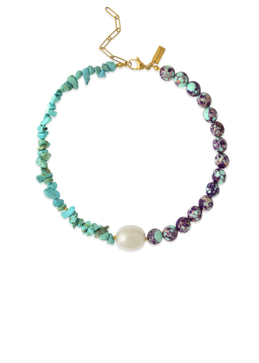 Collar morado y turquesa, cadena con perla central, collar con piedra natural turquesa, Lulás_Lulás