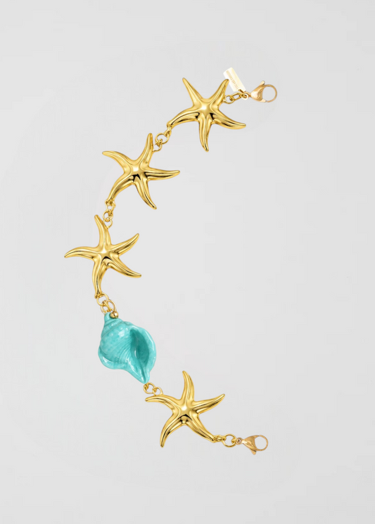 Mitad Cadena Estrellas De Mar Doradas Caracola Turquesa